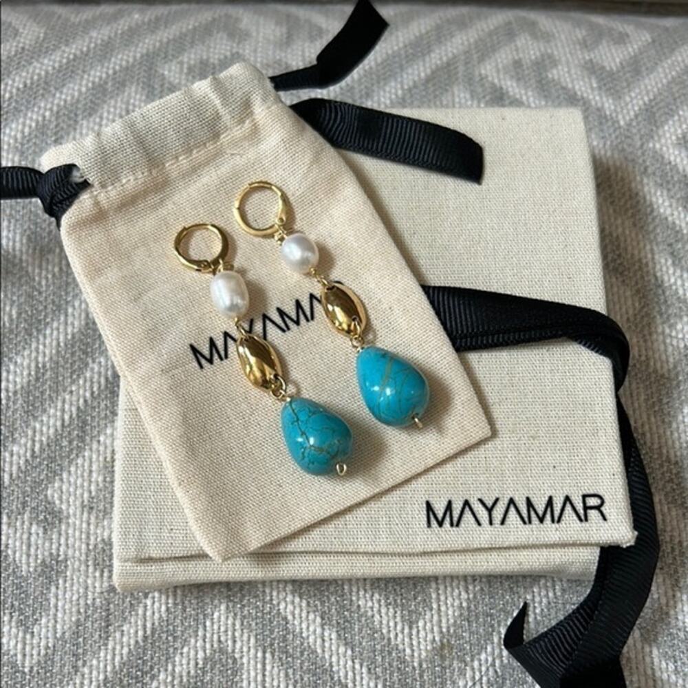 Mayamar 24K Gold Plated and Turquoise Drop Earrings with Cultured Pearl - Picture 3 of 4